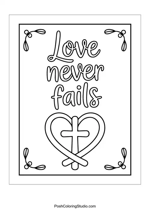 A heart with a cross and 'Love never fails.'.
