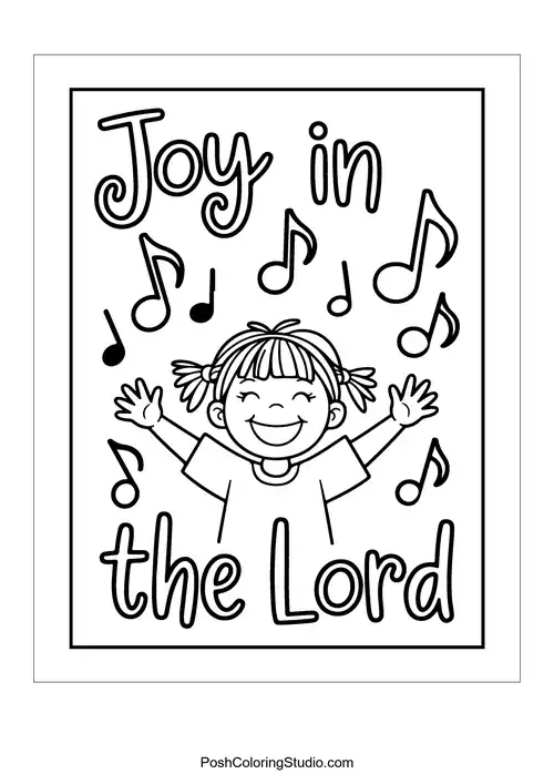 A girl with arms raised and 'Joy in the Lord.'.