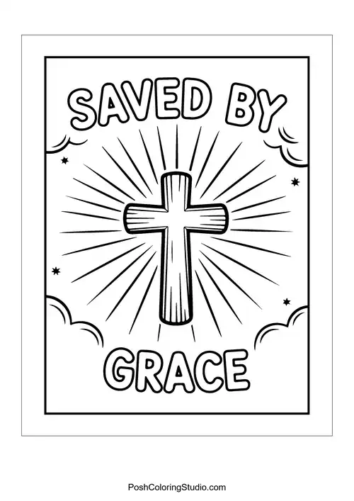 A cross with rays and 'Saved by Grace.'.
