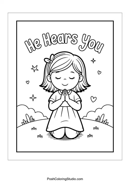 A child praying with 'He Hears You.'.
