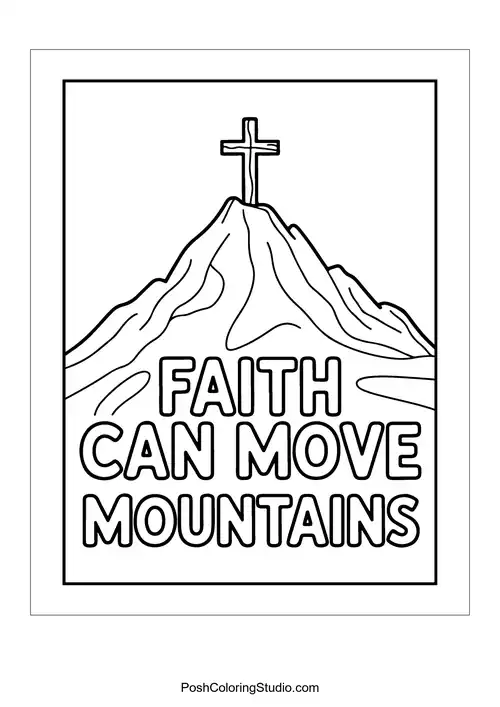 A mountain with a cross and 'Faith Can Move Mountains.'.