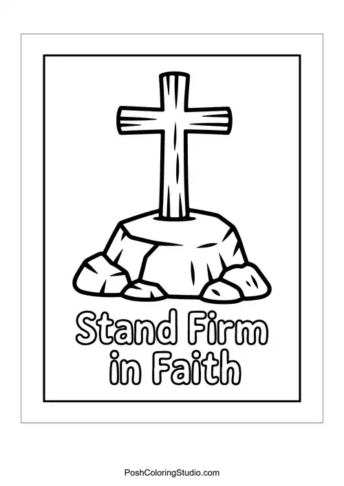 A cross atop a rock with the words 'Stand Firm in Faith.'.