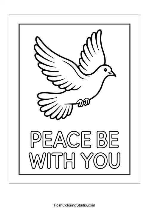 A dove in flight with 'Peace Be With You.'.