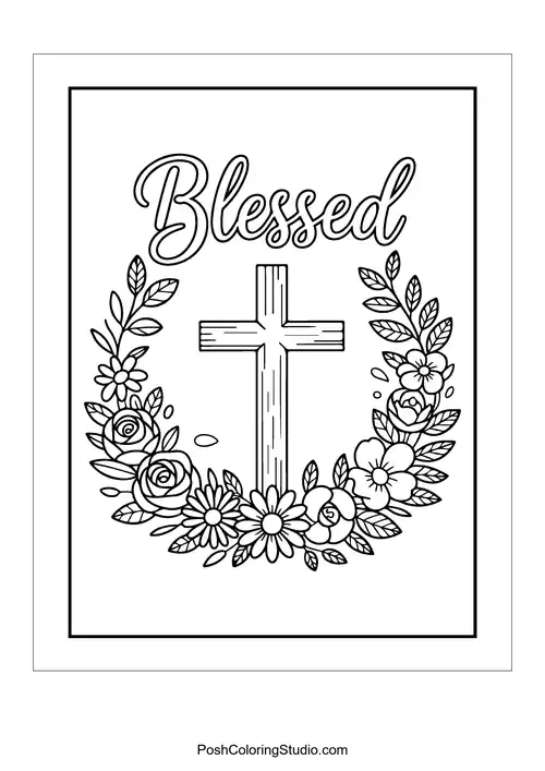 A cross surrounded by flowers with 'Blessed.'.