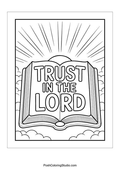 An open book with 'Trust in the Lord.'.