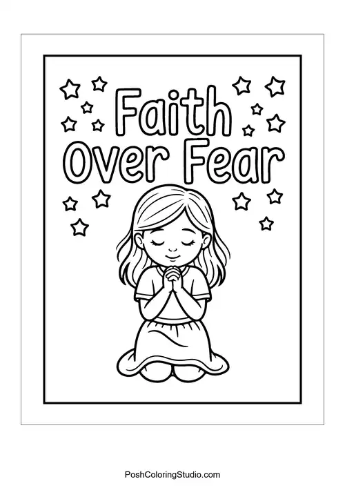 A girl praying with stars and 'Faith Over Fear.'.