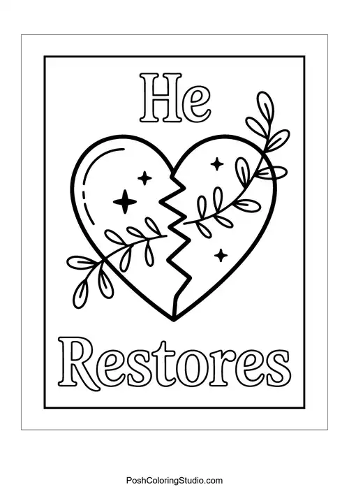 A heart with a crack and leaves, stating 'He Restores.'.