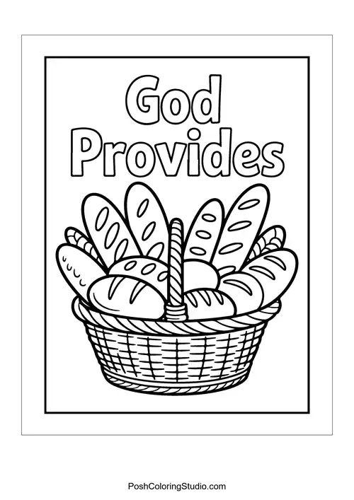 A basket filled with bread and the words 'God Provides.'.