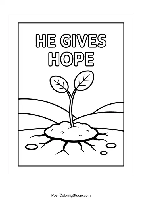 A small plant growing from cracked earth with 'He Gives Hope.'.