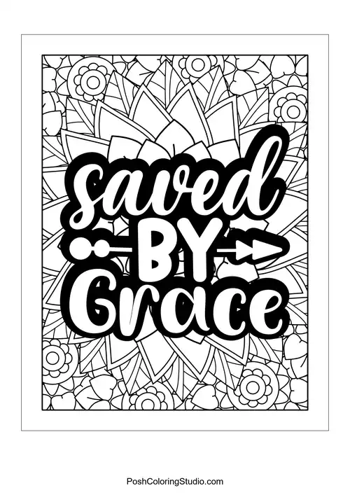 A floral design with the quote 'Saved By Grace'.