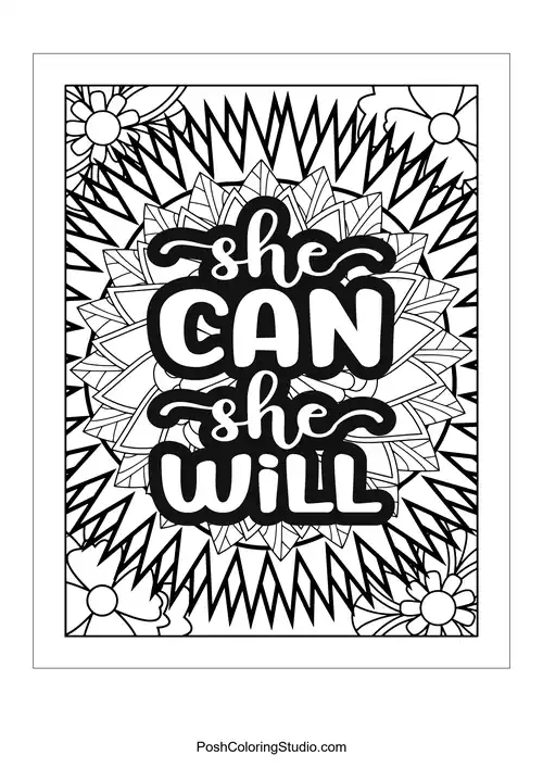 A floral design with the quote 'She Can She Will'.