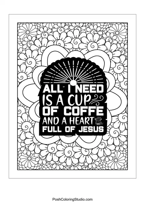 A quote about coffee and Jesus with a sunburst design.