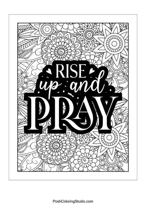 A floral design with the quote 'Rise Up and Pray'.