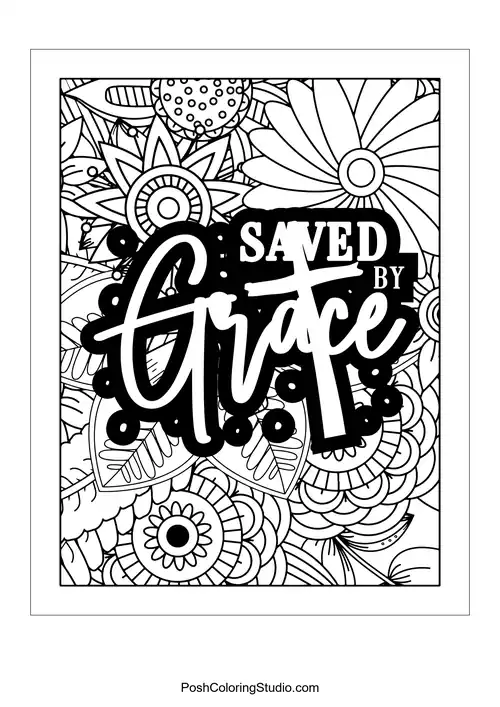 A floral design with the quote 'Saved By Grace'.