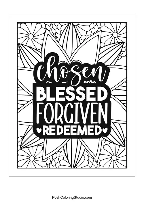 A star-shaped design with the words 'Chosen Blessed Forgiven Redeemed'.