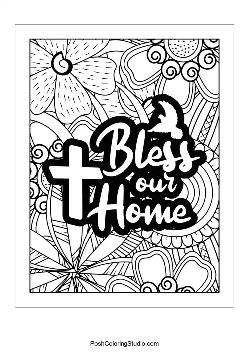 A floral design with the quote 'Bless Our Home'.