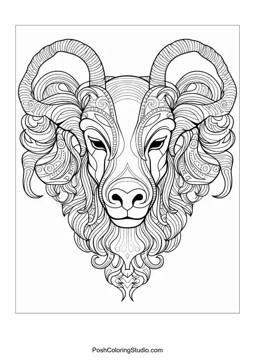 A ram's face adorned with intricate patterns.