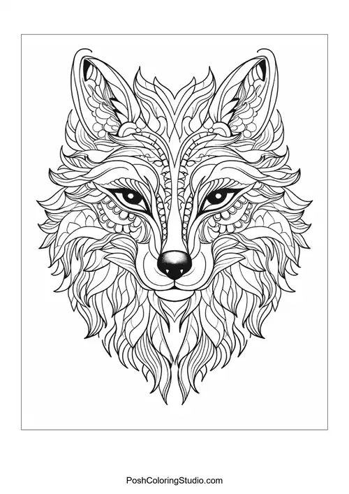 Stylized fox head with intricate line patterns and textures.