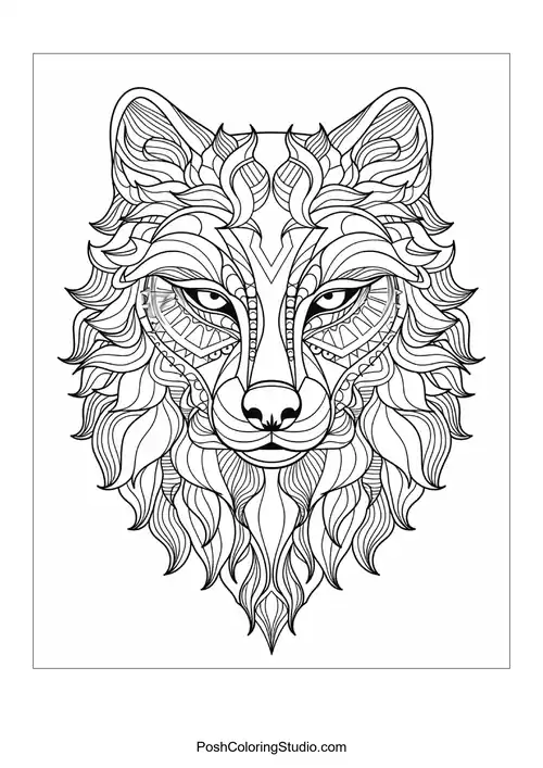 Stylized fox head with flowing fur and ornate details.