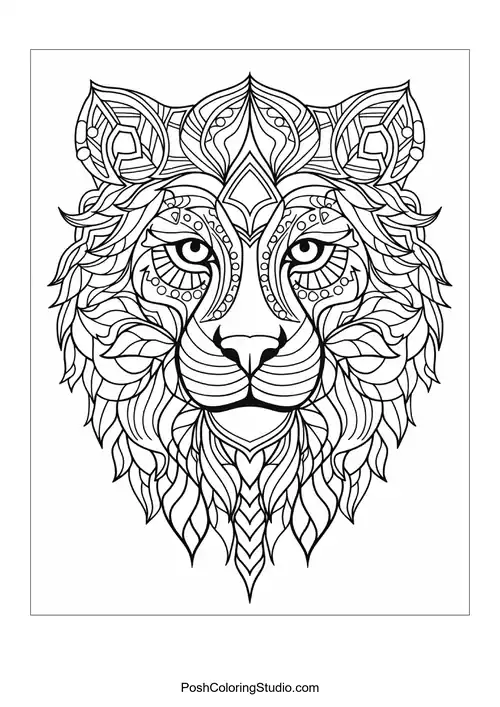 Stylized lion head with intricate patterns and textures.
