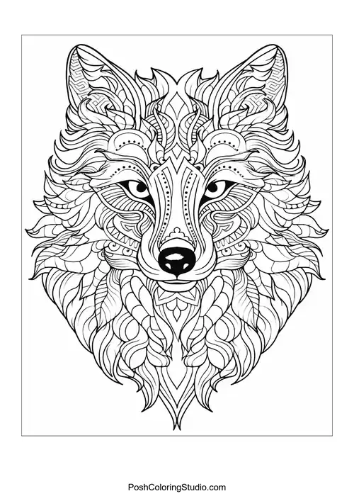 A wolf's face with flowing lines and patterns.