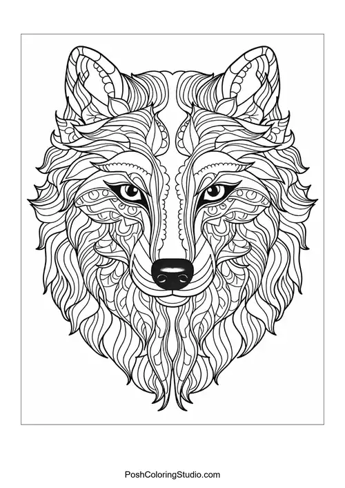 A detailed wolf's face with intricate patterns and flowing fur.