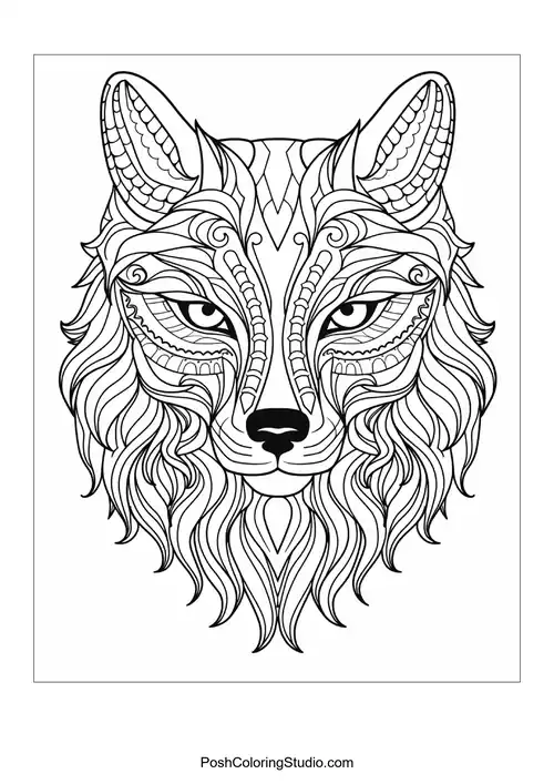 A stylized wolf's face adorned with geometric patterns.