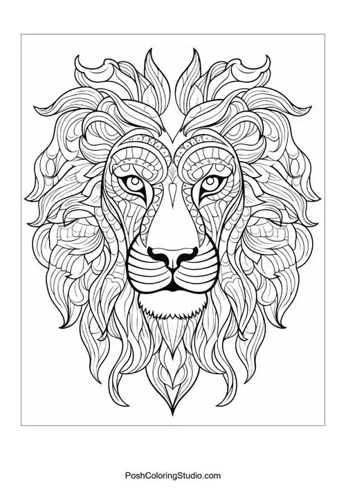 Detailed lion head with swirling mane and decorative elements.
