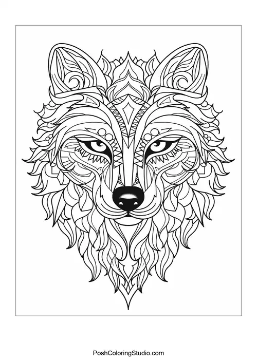 A wolf's face with elaborate line work and floral elements.