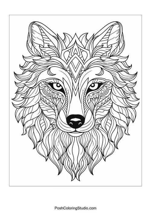 A wolf's face with flowing lines and decorative elements.