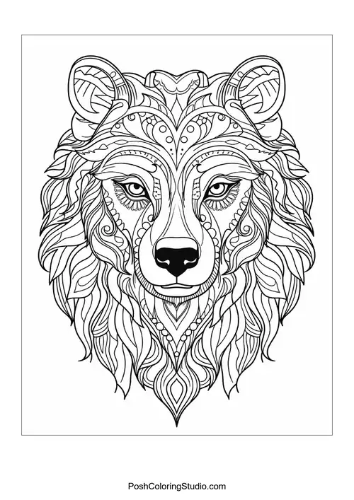 A lion's face adorned with swirling patterns and textures.