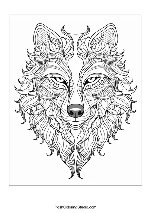 A lion's face with intricate line work and floral details.