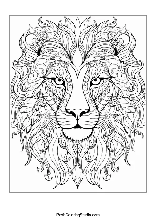 A wolf's face with elaborate patterns and a fierce expression.
