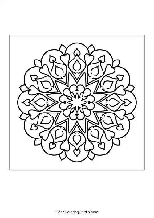 A circular mandala with star shapes and symmetrical patterns.