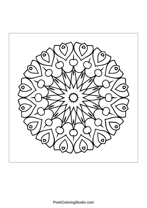 A circular mandala with floral patterns and intricate lines.