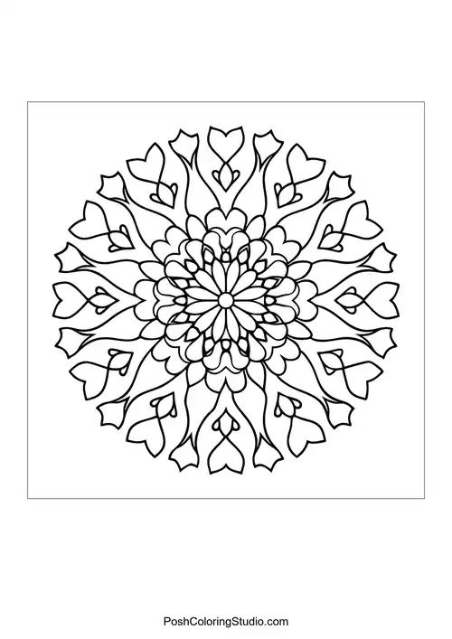 A circular mandala with teardrop shapes and symmetrical design.