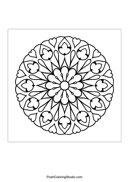 A circular mandala with heart shapes and intricate patterns.