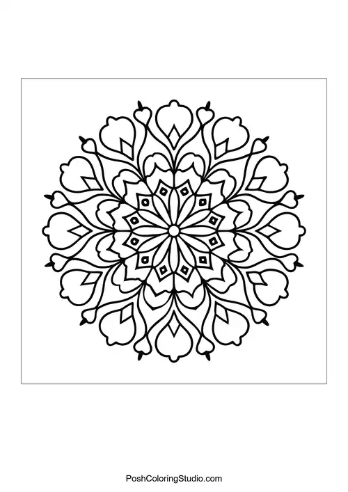 A circular mandala with floral designs and star shapes.