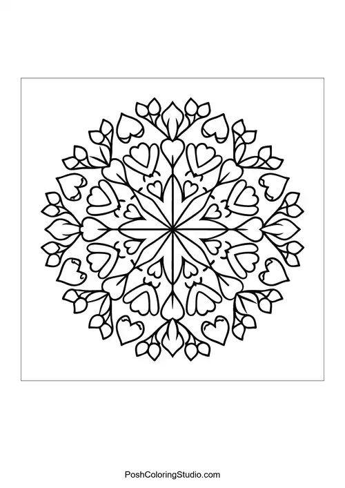 A circular mandala with symmetrical patterns and shapes.