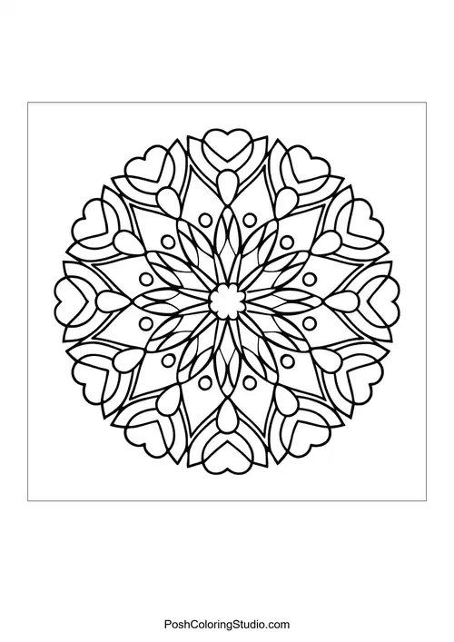 A circular mandala with heart shapes and symmetrical layout.