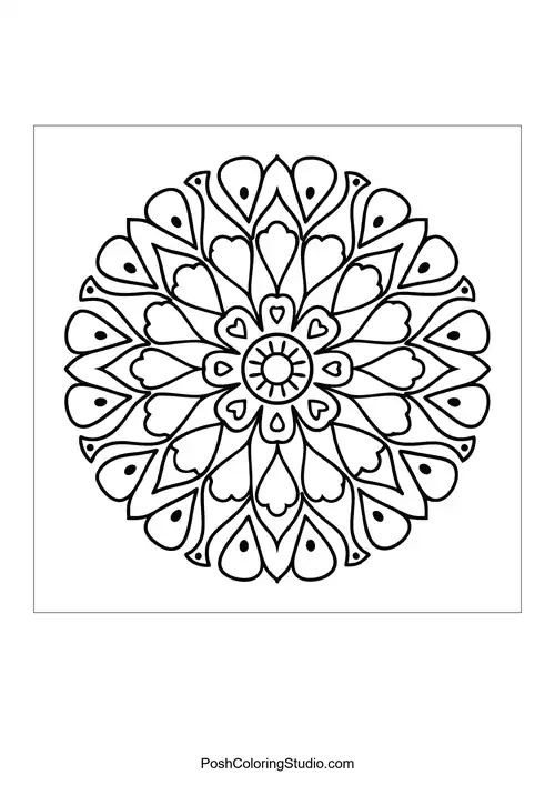 A circular mandala featuring heart shapes and floral patterns.