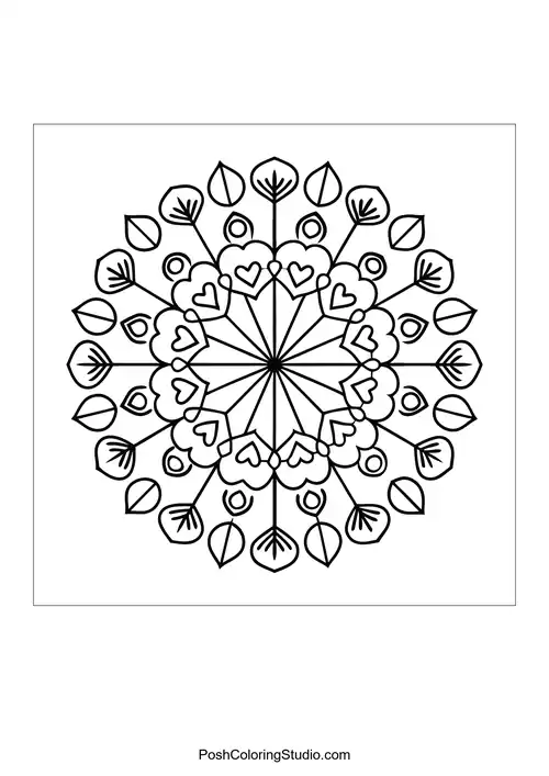 A circular mandala with leaves and heart motifs radiating outward.