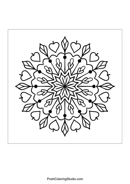 A circular mandala with heart shapes and floral elements.
