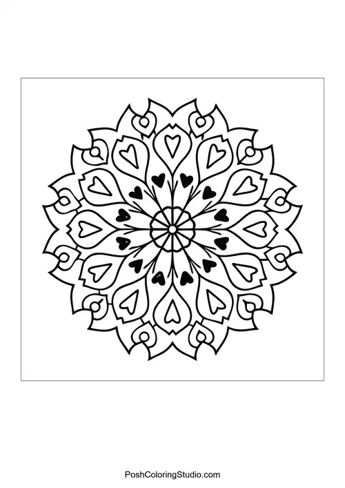A mandala with heart shapes and pointed petal designs.
