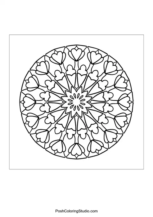 A mandala with a star-like center and heart shapes radiating out.