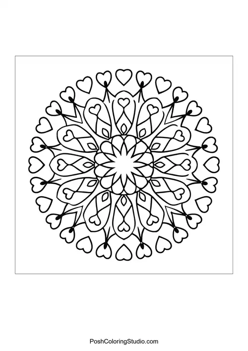 A mandala featuring layered hearts and floral designs.