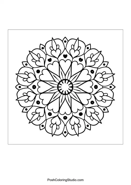 A circular mandala with intricate heart and leaf patterns.