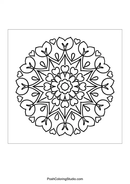 A mandala with a central floral design surrounded by hearts.