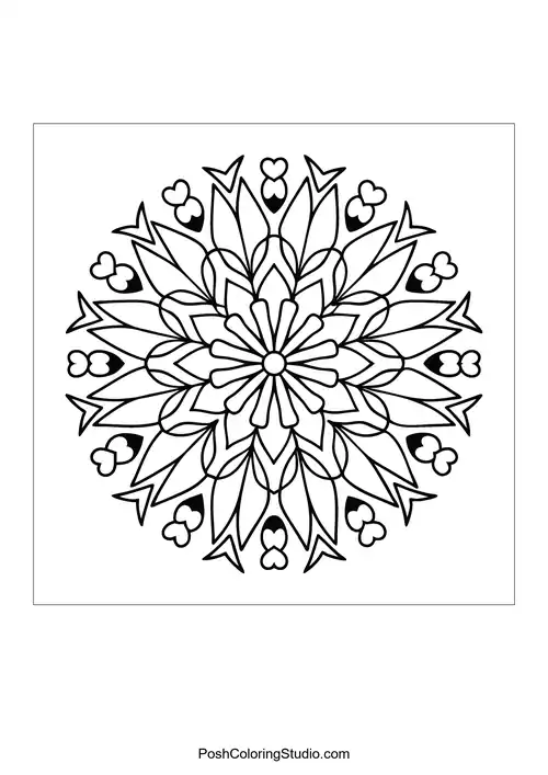 A circular mandala with heart shapes and flowing lines.