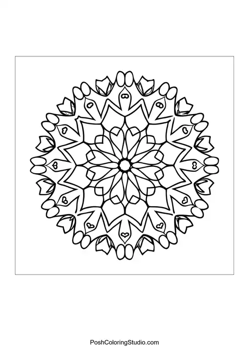 A mandala with alternating heart shapes and floral elements.